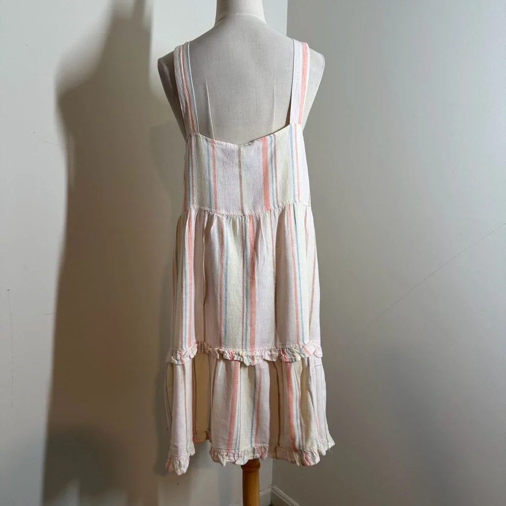 Bobi LA Square Neck Tiered -SZ M- Cream Multicolored Striped Linen Rayon Dress